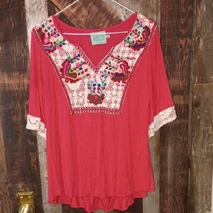 Judith March Vibrant Red Embroidered Blouse